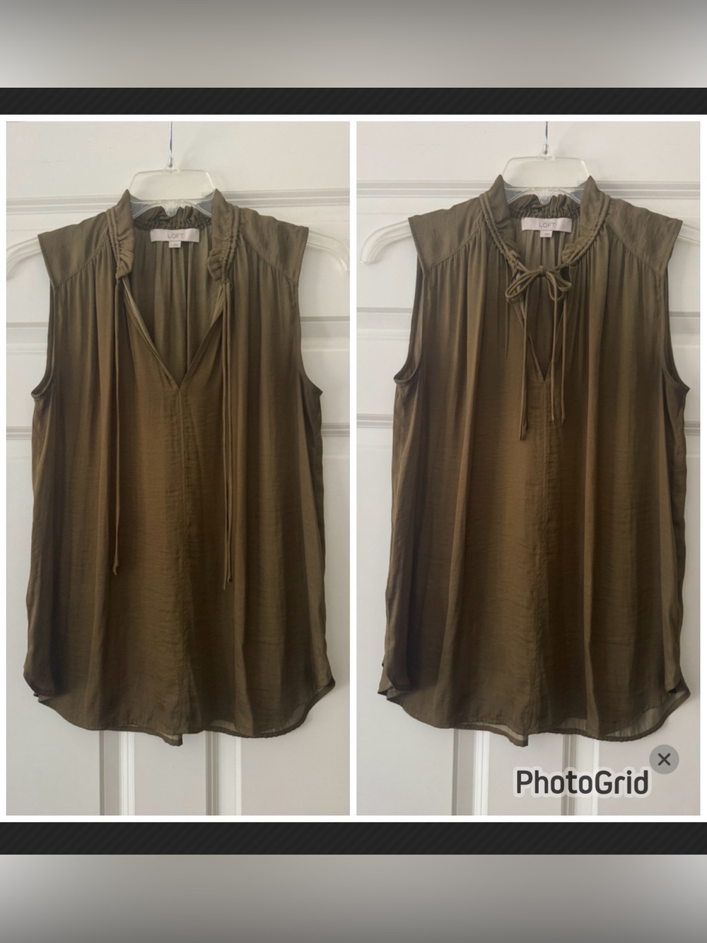 LOFT Sleeveless Tie-Neck Blouse in Olive size S